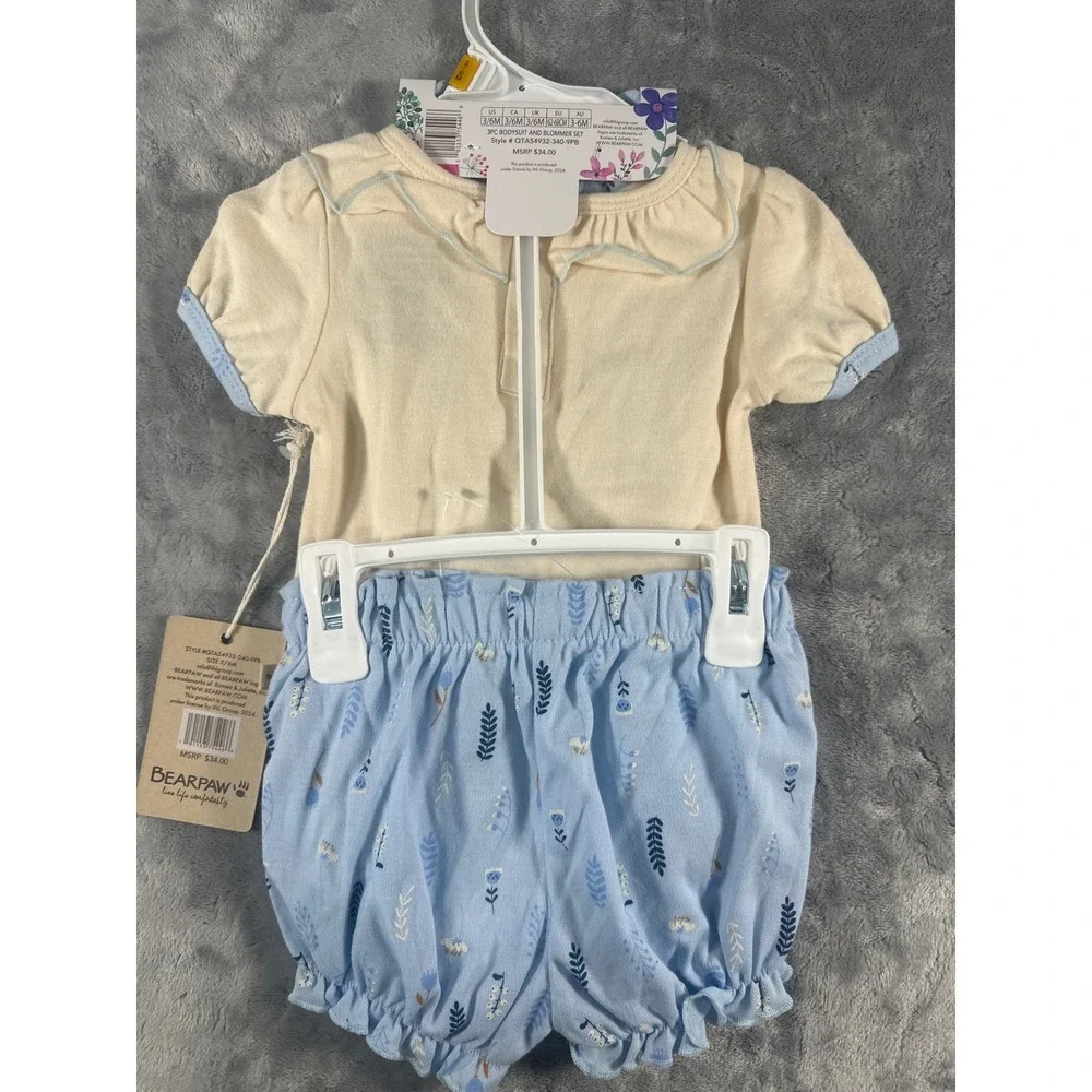 Bearpaw Baby Girls 3 Piece Bodysuit Bloomer and‎ Hat Set Blue Cream 3/6M NWT
